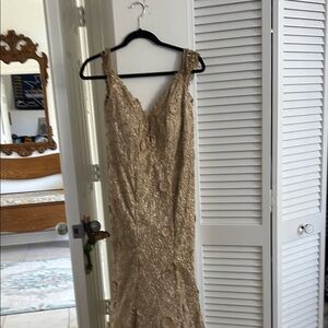 Gold Beaded V-Neck Evening Dress